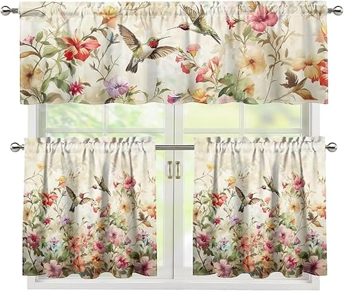 Juego de 3 cortinas de cocina con diseño de colibrí, cenefa y nivel, con bolsillo para cortinero, cortinas pequeñas para cafetería, para el hogar, disponible en Yaxa Colombia