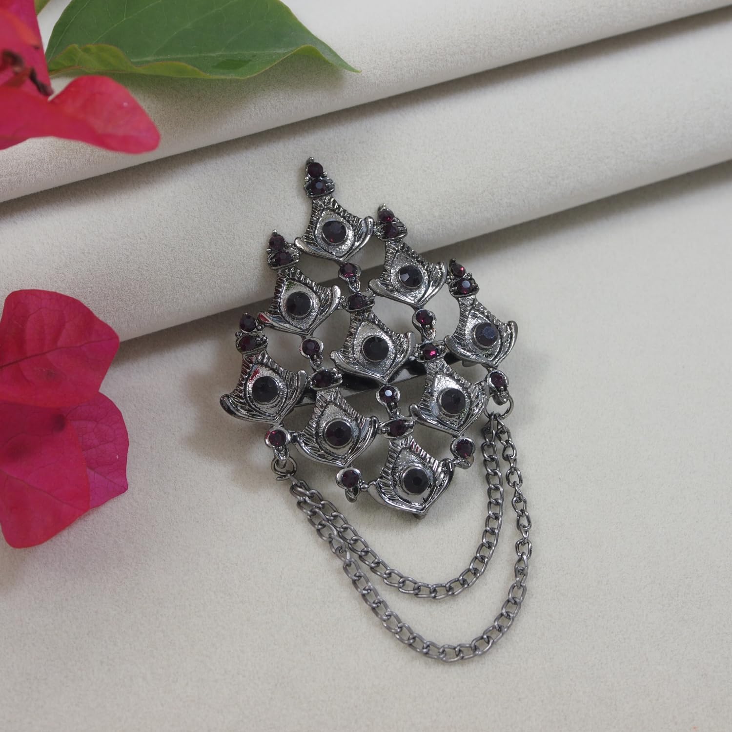 I Jewels Wedding Bollywood Silver Oxidized Stone Work Brooch for Groom/Men/Dulha