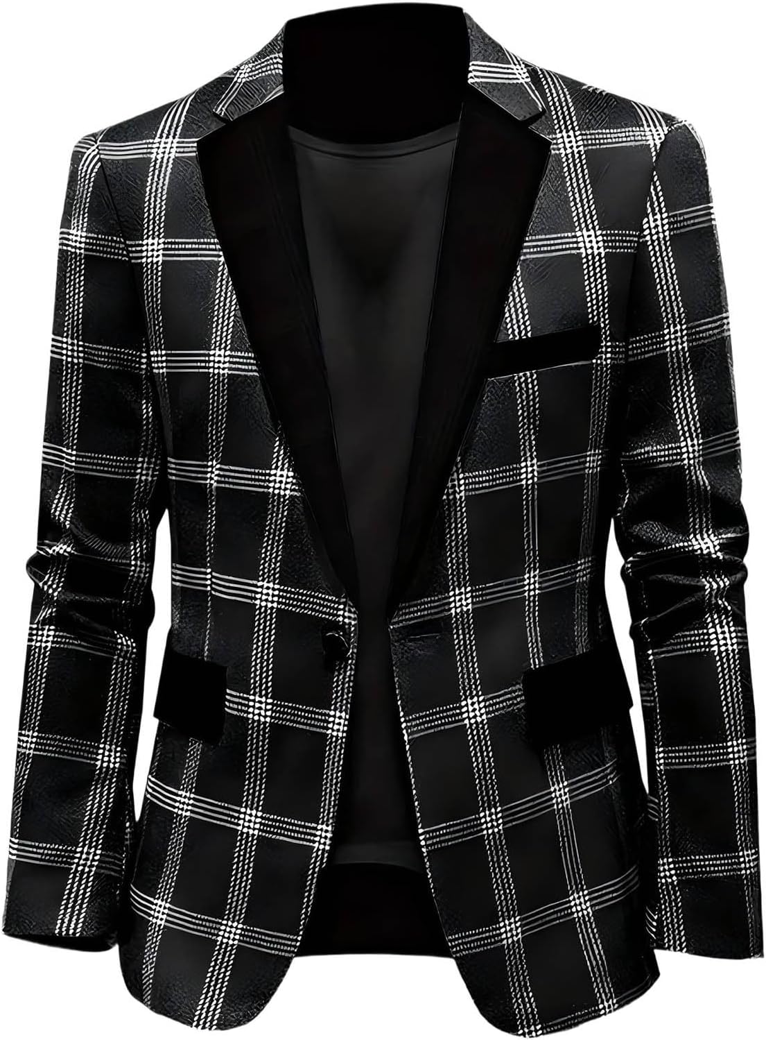 Cambkatl Men's Vintage Plaid Patchwork Blazers Slim Fit One Button Tuxedo Suit Jackets Casual Sports Coat