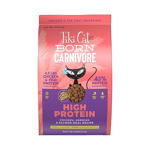 Tiki Cat Born Carnivore High Protein, Chicken, Herring & Salmon Meal, Grain-Free Baked Kibble to Maximize Nutrients, Dry Cat Food, 5.6 lbs. Bag - Chicken, Herring & Salmon - 89.6 Fl Oz (Pack of 1)