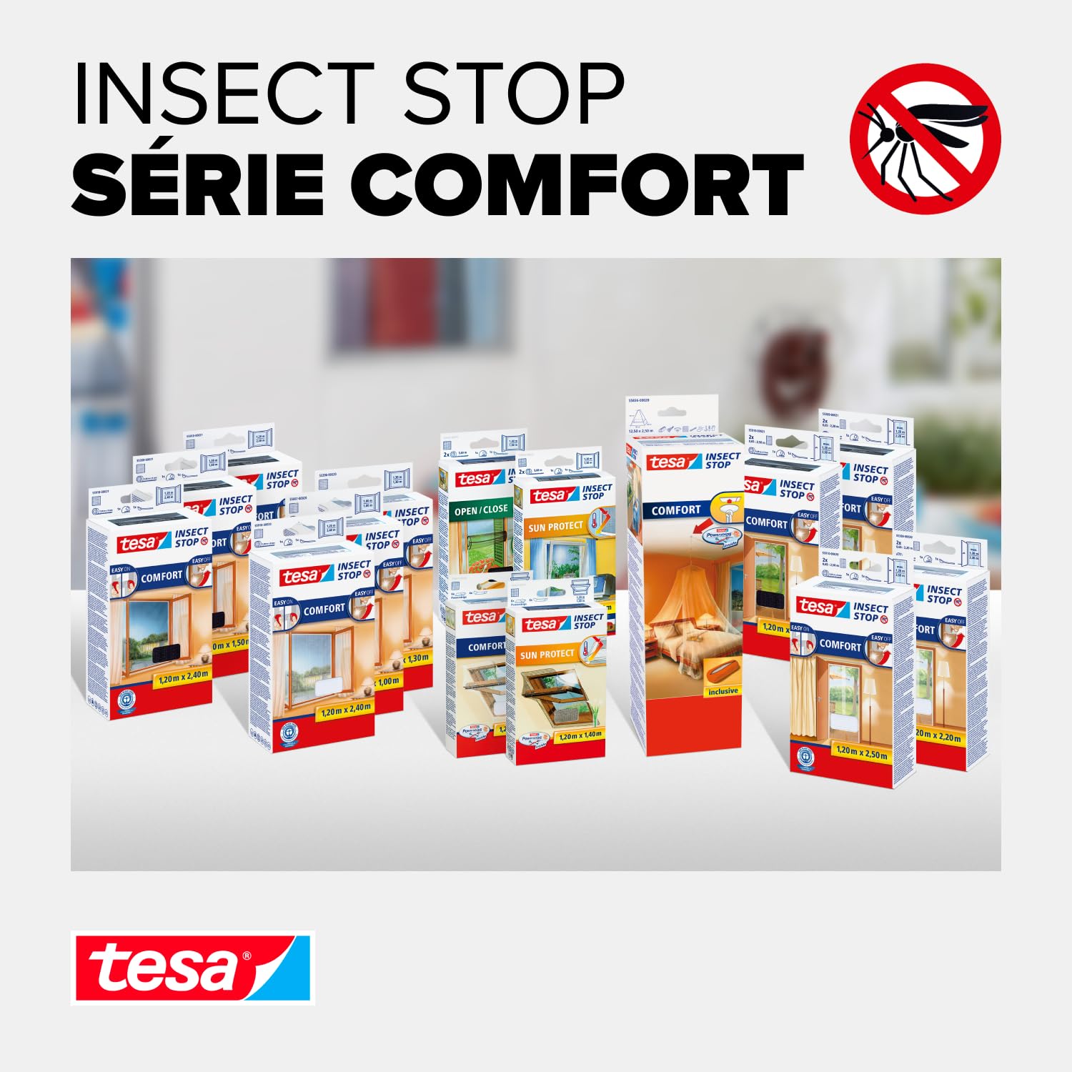 Tesa Stop Moustiquaire Voile Comfort – Ciel Anti-Insectes avec Crochet Adhésif – pour Le Voyage et la Maison – Lit Simple ou Double – avec Sac de Transport – Blanc 55836-00020-00