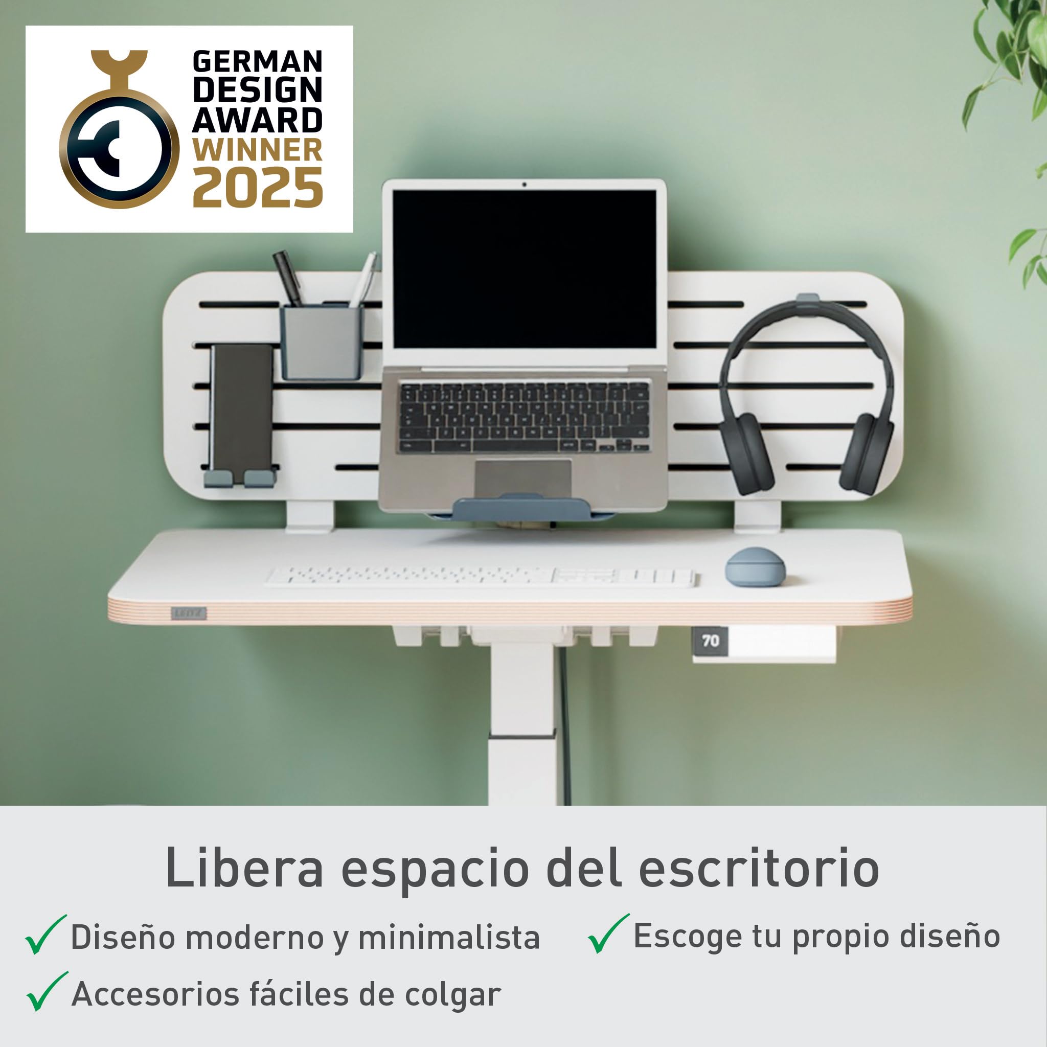 Leitz 65490000 - Organizador de Escritorio con Panel Perforado Ergo, Soporte para Portátil, Compatible con Escritorios de hasta 35 mm de Grosor, Montaje con Abrazadera, 80 cm x 25 cm, Blanco