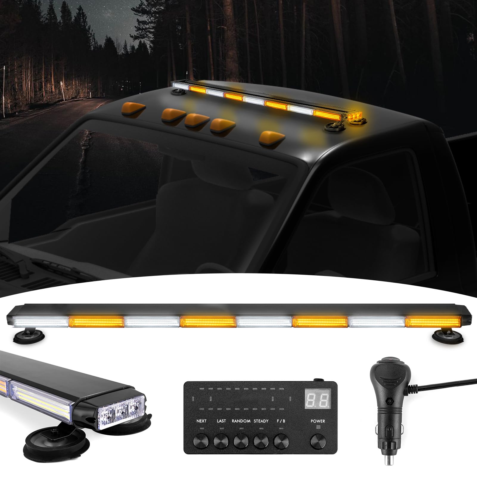 Wsays 50" COB LED Roof Top Strobe Light Bar Double Side-Amber/White with Digital Display Controller Compatible with Trucks Pickup SUV Boat Vehicle