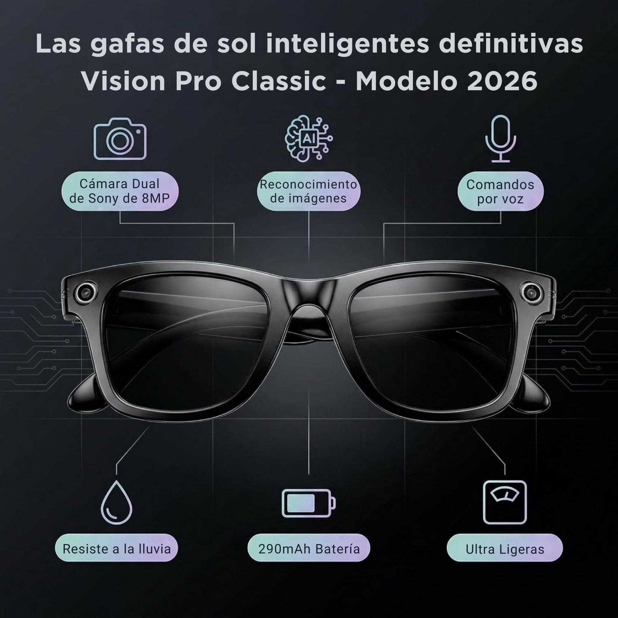 smartia – Gafas de Sol Inteligentes con cámara, Modelo 2026 y App en español, Gafas Bluetooth con Sonido Hi-Fi, IA GPT 5 integrada por Voz, Smart Sunglasses con traducción y Cámara de 8 MP Full HD