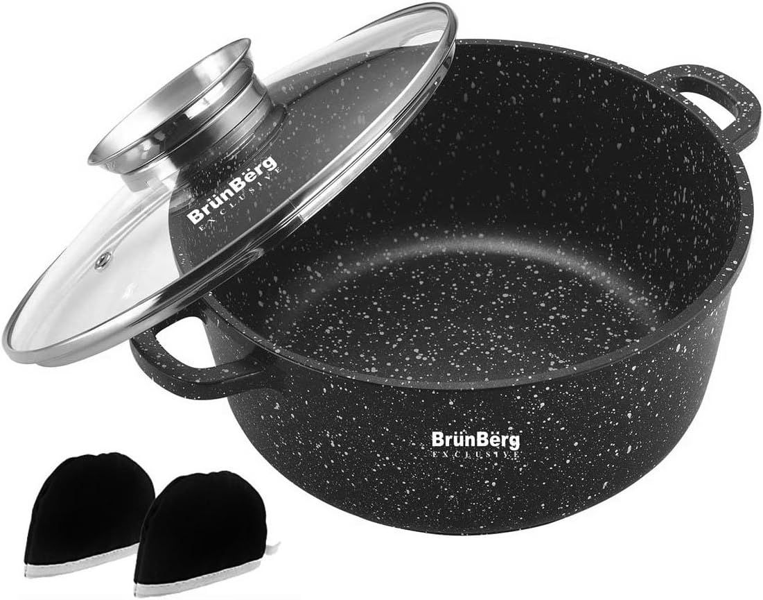 Granite 2.3L/4.5 L/6.8L Cooking Pot with Glass Lid and Aroma Knob Brun Berg, Cast Aluminium, Black , 4.5L