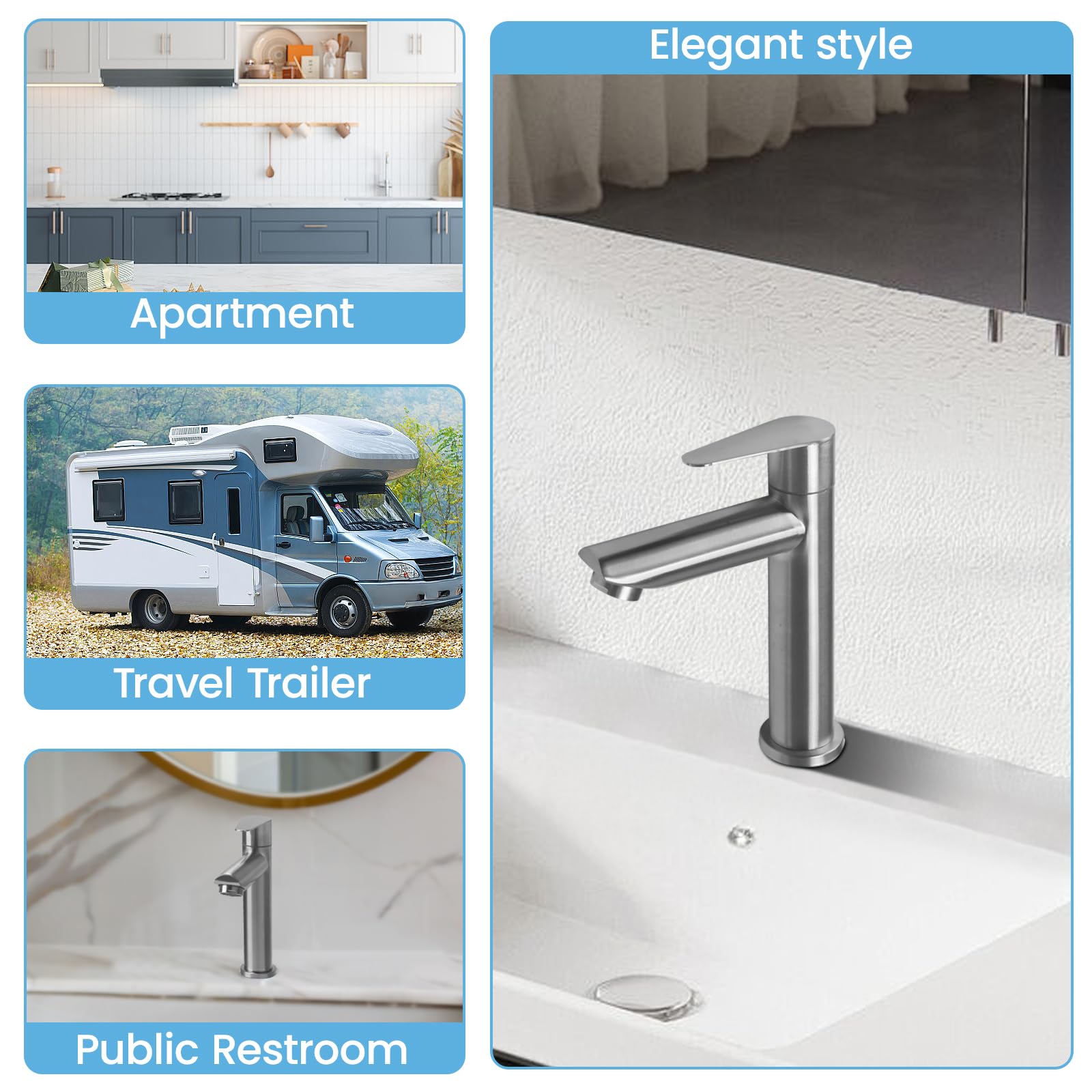 Robinet Lavabo Eau Froide Acier Inoxydable 304 - Design Courbe - Poignée Unique - Pour Salle De Bain/WC