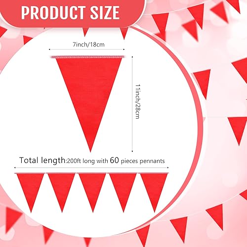 Vista 23 de Tatuo Banderines sólidos de 200 pies, banderines de cadena triangular, banderines para colgar en banderines, decoraciones de fiesta para gran Rojo