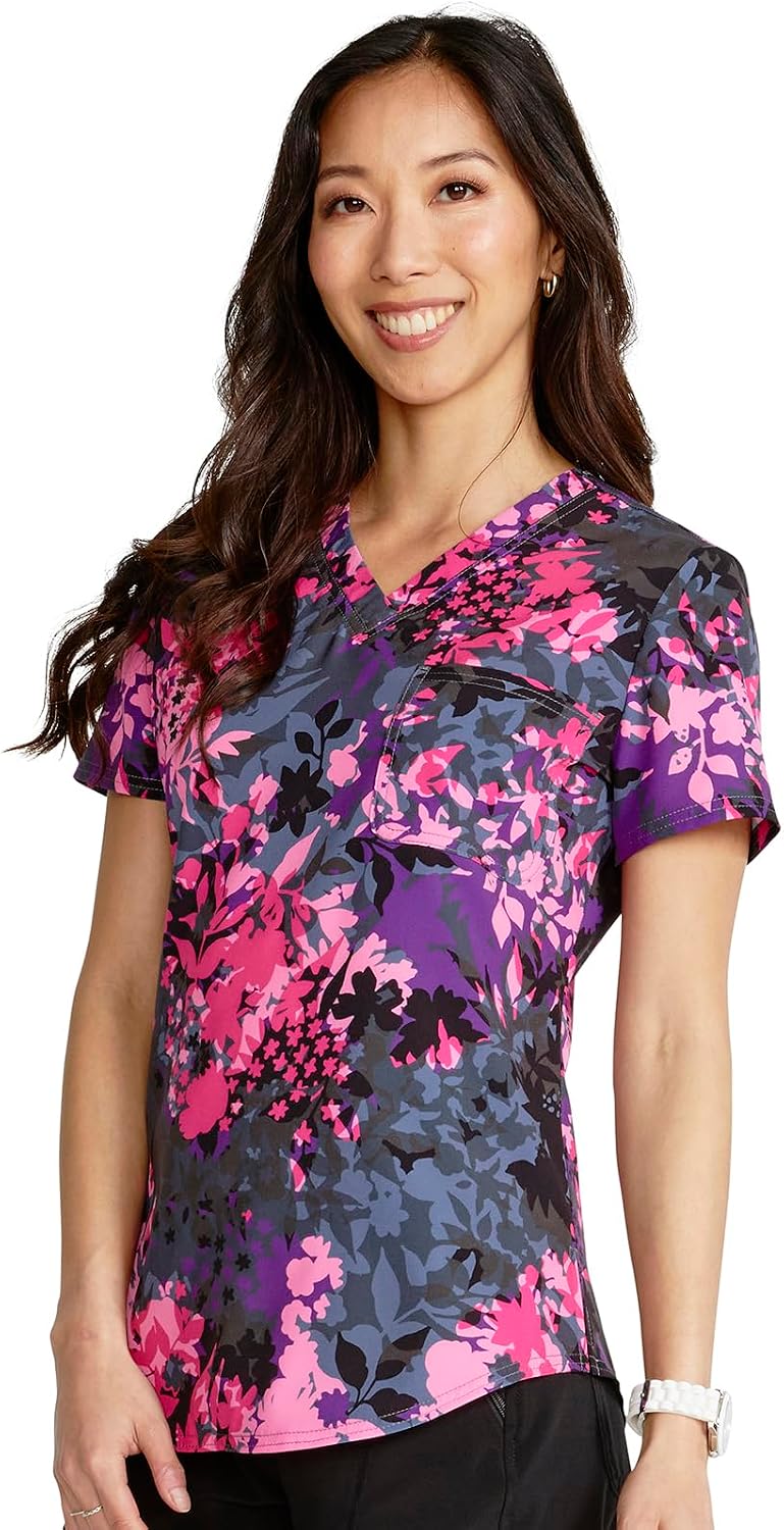 Cherokee Scrubs for Women V-Neck Printed Scrub Top Modern Classic Fit with 3 Pockets, Shaping Darts & Side Vents - CK664