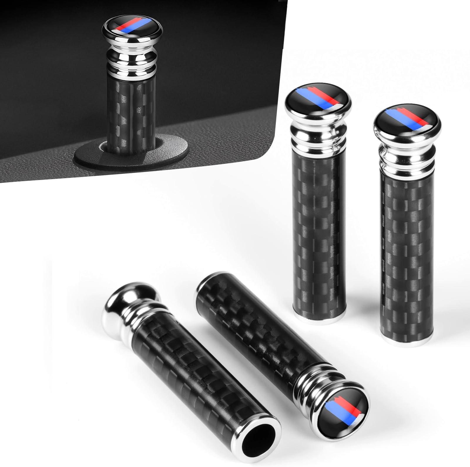 4PCS Car Door Lock Knobs for BMW X3 X5 X7 X1 X6 X4 X1 X2 3 4 5 7 1 2 Series Interior Accessories, Carbon Fiber Door Lock Bolt Pin Cover Stick, Red-Blue Dual-Color Logo