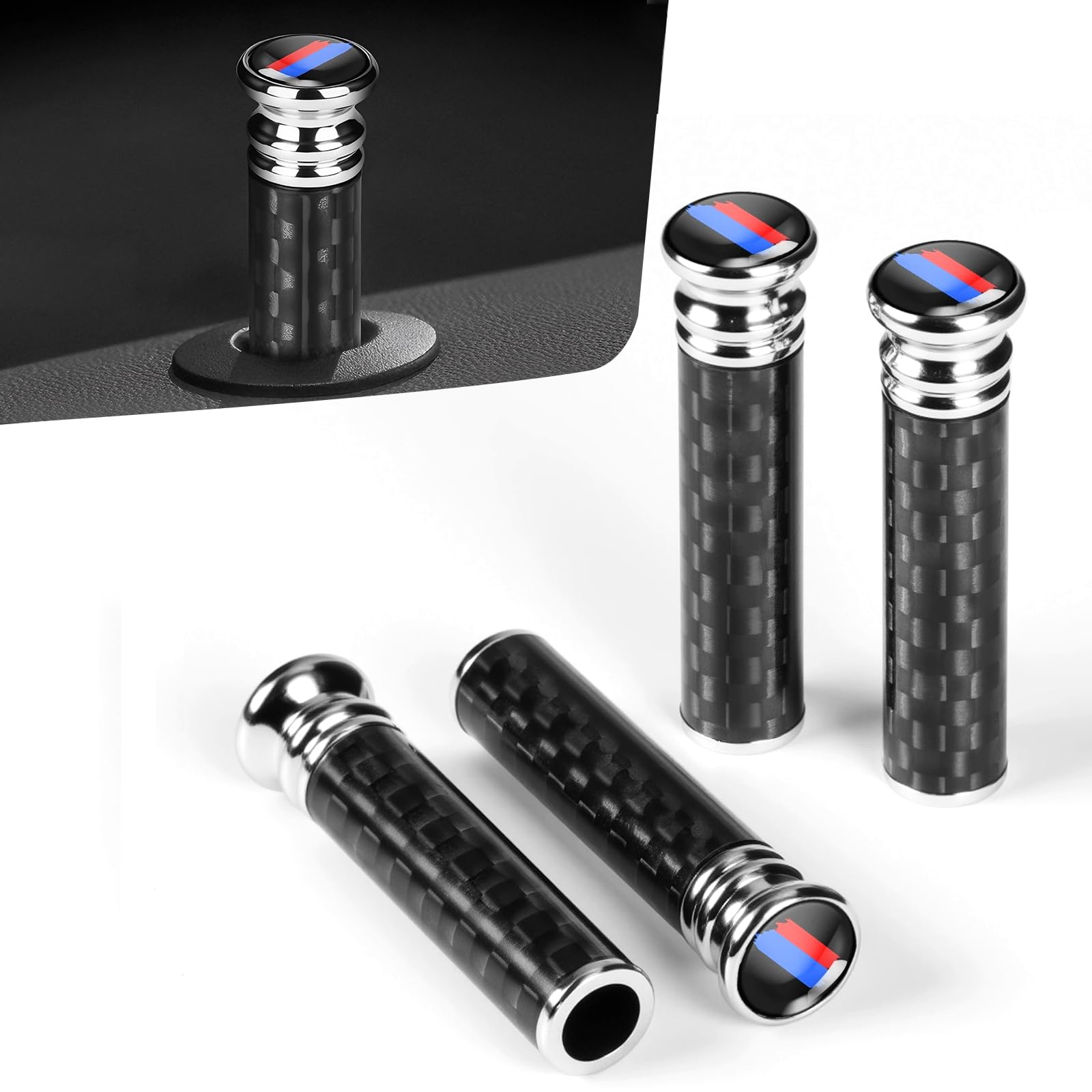 4PCS Car Door Lock Knobs for BMW X3 X5 X7 X1 X6 X4 X1 X2 3 4 5 7 1 2 Series Interior Accessories, Carbon Fiber Door Lock Bolt Pin Cover Stick, Red-Blue Dual-Color Logo