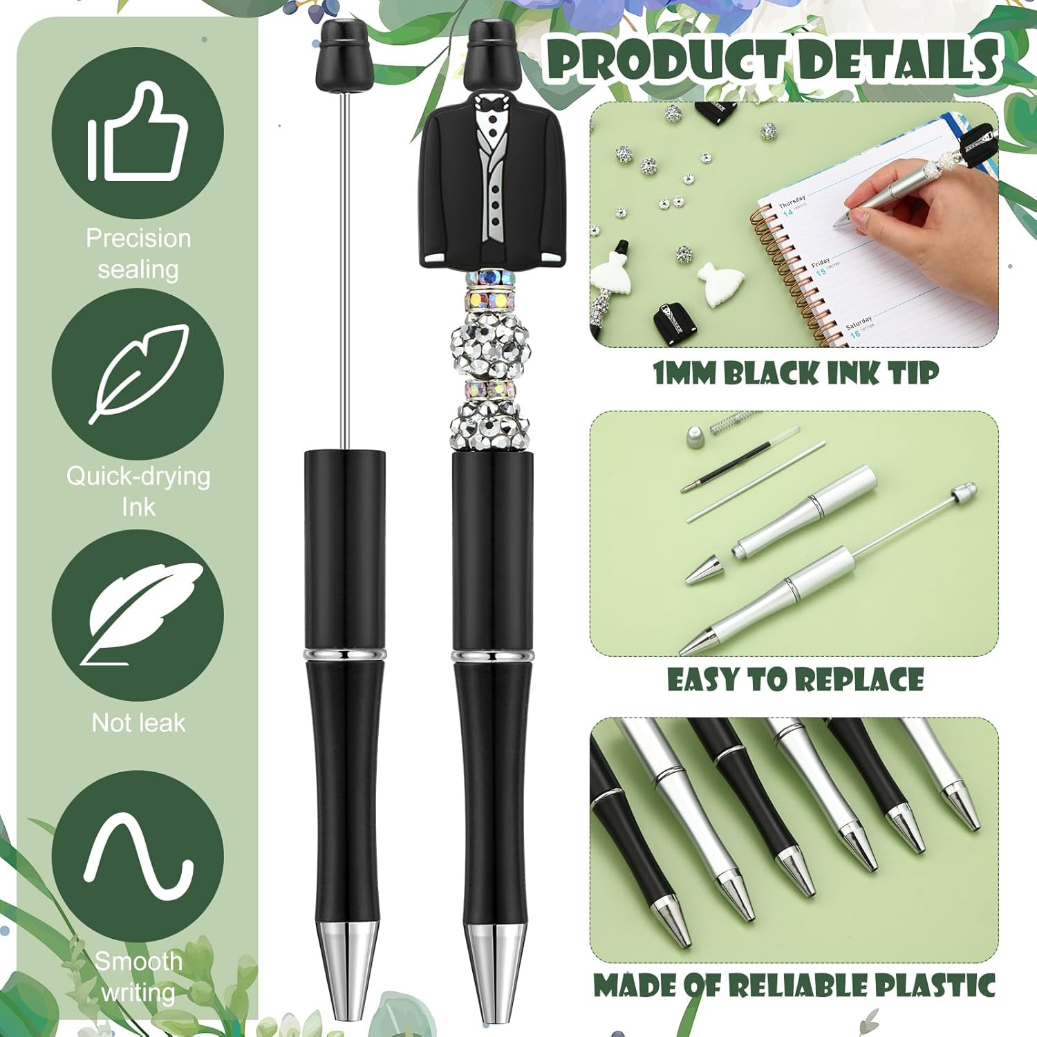 Ctosree 36 Sets Bride Beadable Pens Bulk Wedding Bead Pens Ballpoint DIY Making Kit Valentine's Day Favors Bridal Shower for Wedding Gifts Birthday Party Favor