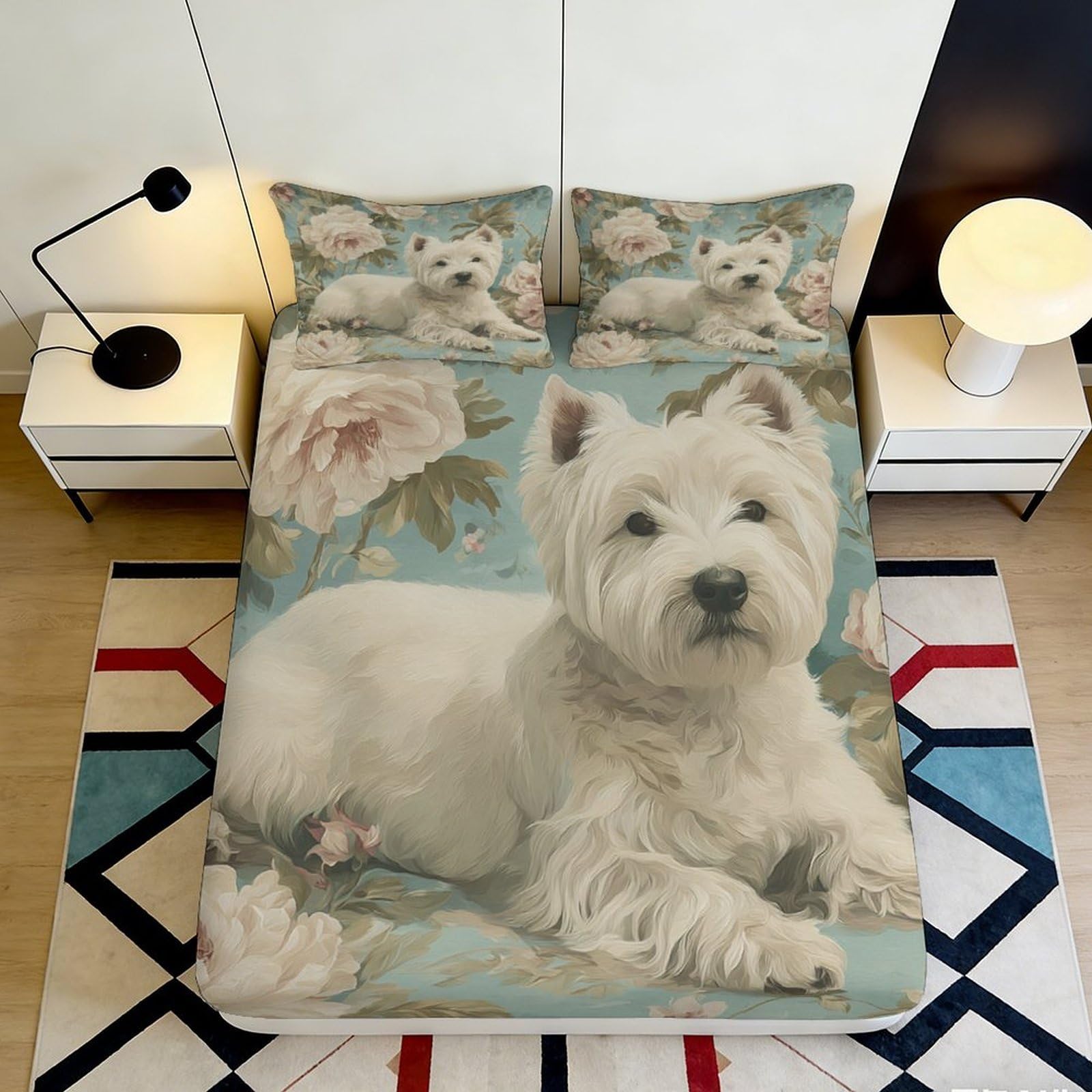 3D Printed Westie Dog Fitted Sheet Microfiber Soft Blue Floral Bed Cover for Bedroom Guest Room Decor Easy Care 90x200x25cm
