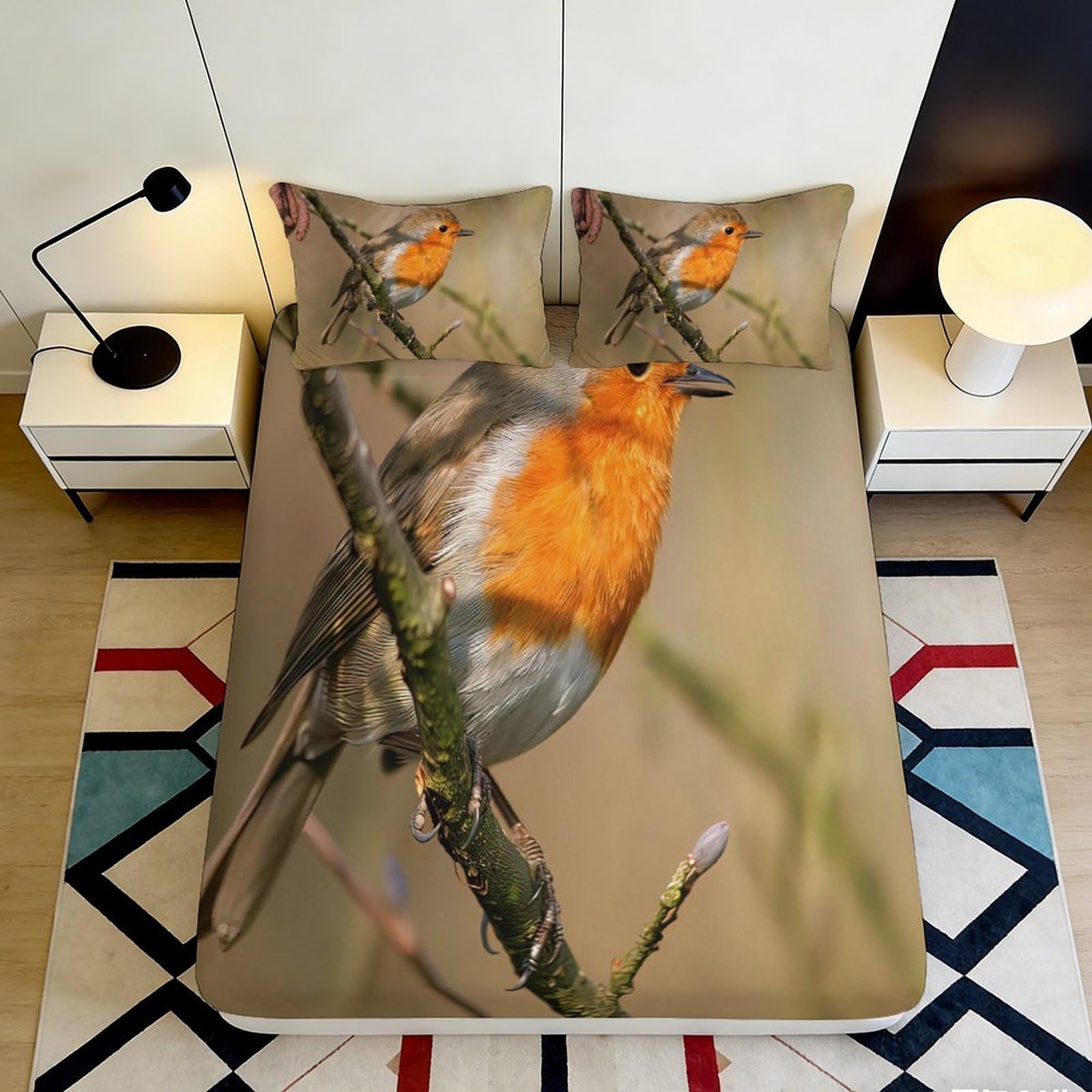 Pnayamiorkfel Style-9 3D Printed Robin Bird Fitted Sheet Microfiber Soft Decorative Branch Mattress Cover For Bedroom Guest Room Dorm Decor 90X200x25cm