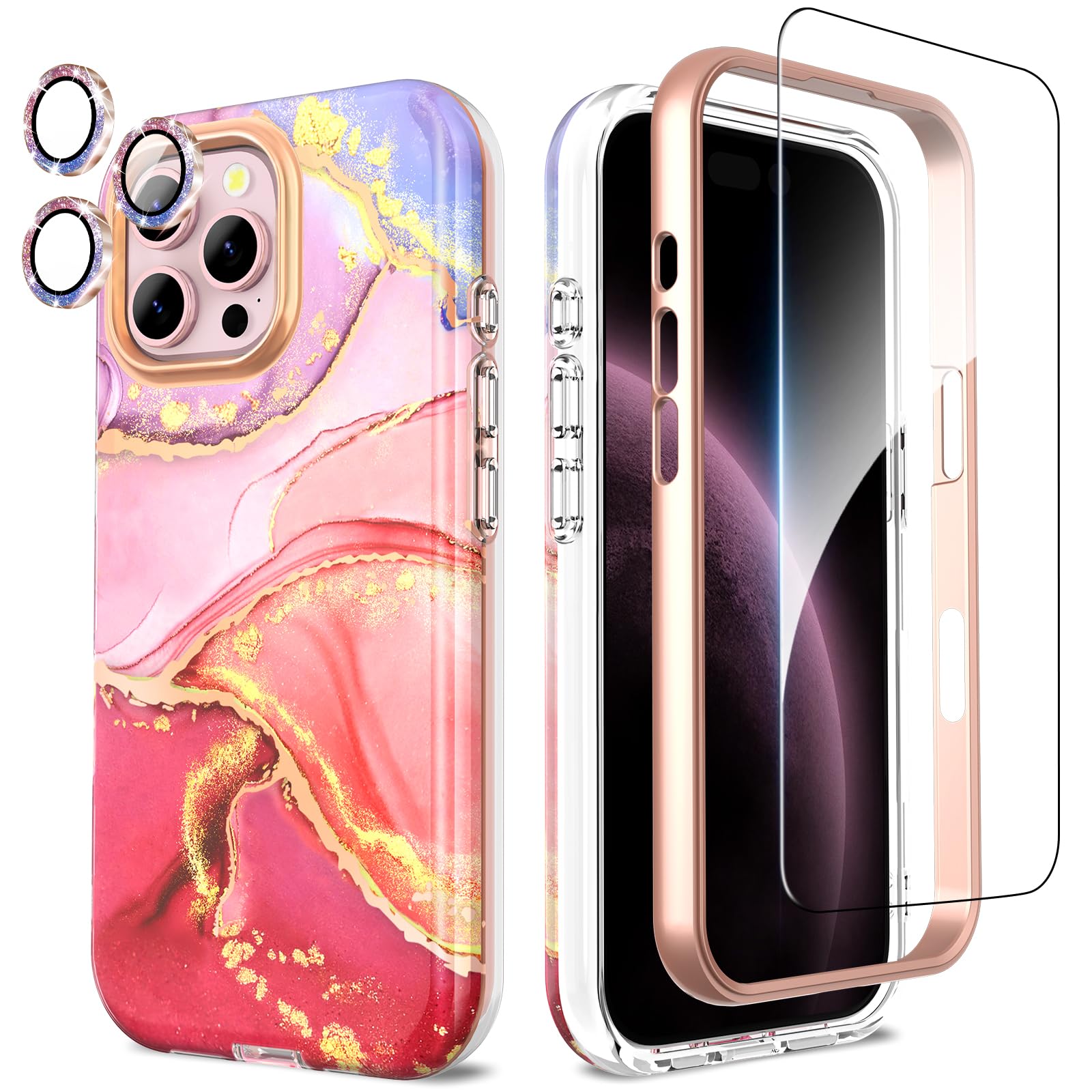 SHEDEER for iPhone 16 Pro Max Case with Glitter Camera Protector + Screen Protector, Chic Anti-Yellowing Pattern