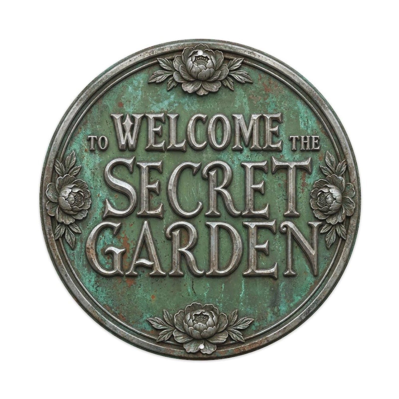 Vintage Welcome Secret Garden Pewter Moss Peony Metal Tin Sign