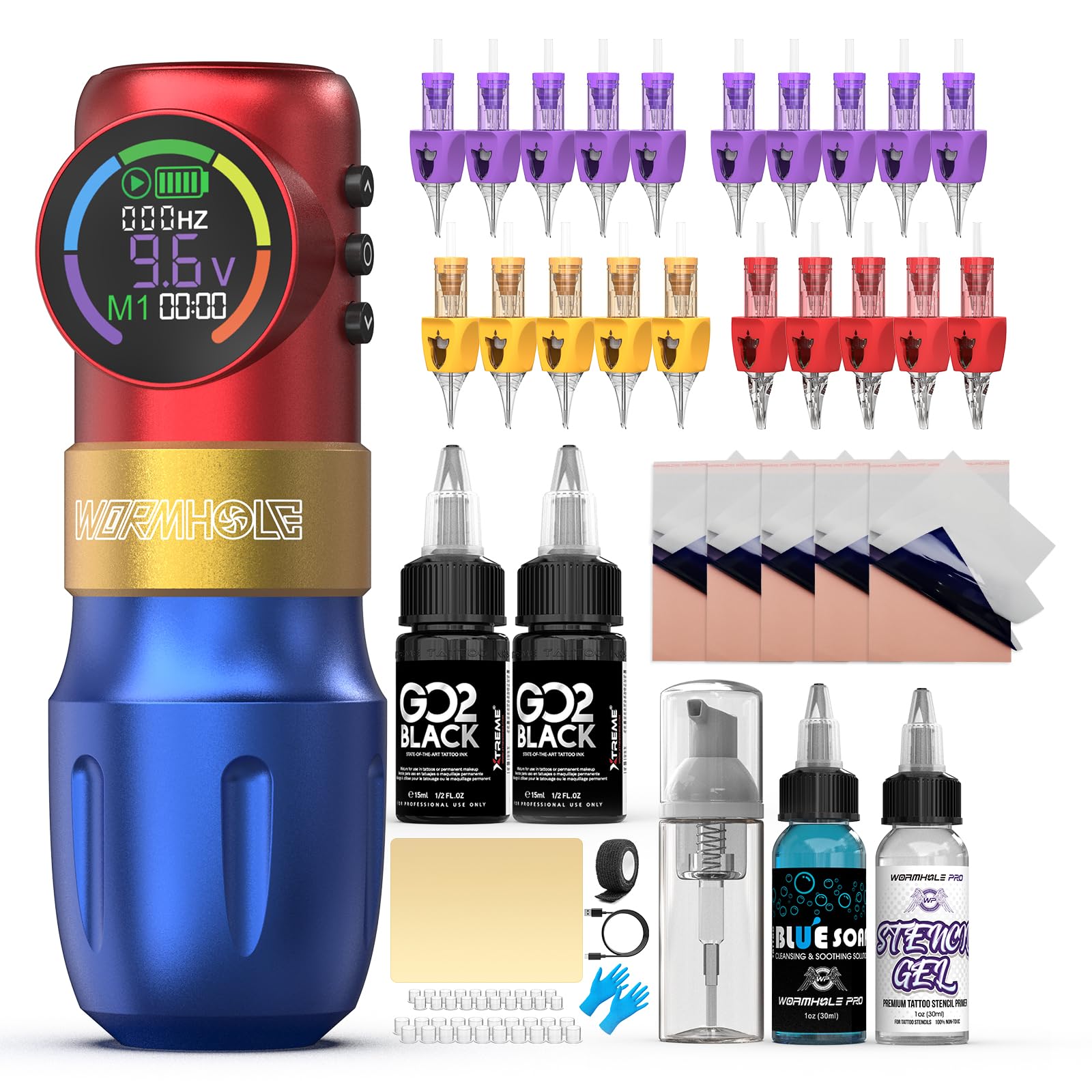 Wormhole Tattoo Gun Tattoo Kit Wireless Tattoo Machine – Digital LED Display, 1500mAh Battery, 3 Modes (Normal/Jump-Start/Dot Work), Includes 20Pcs Needles, Tattoo Pen for Lining & Shading WTK358 Recycled Claim Standard Blended
