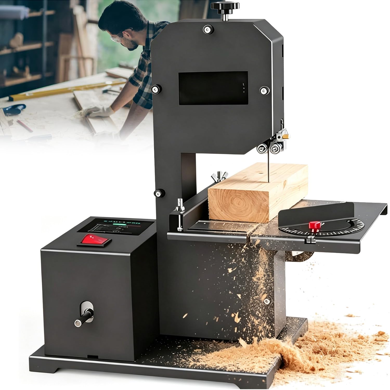 Sierra de Cinta de sobremesa Profesional para pequeños talleres, Motor de 800 W, Altura de Corte de 70 mm, Garganta de 90 mm/3,5 Pulgadas, Corte de Madera. Máquina