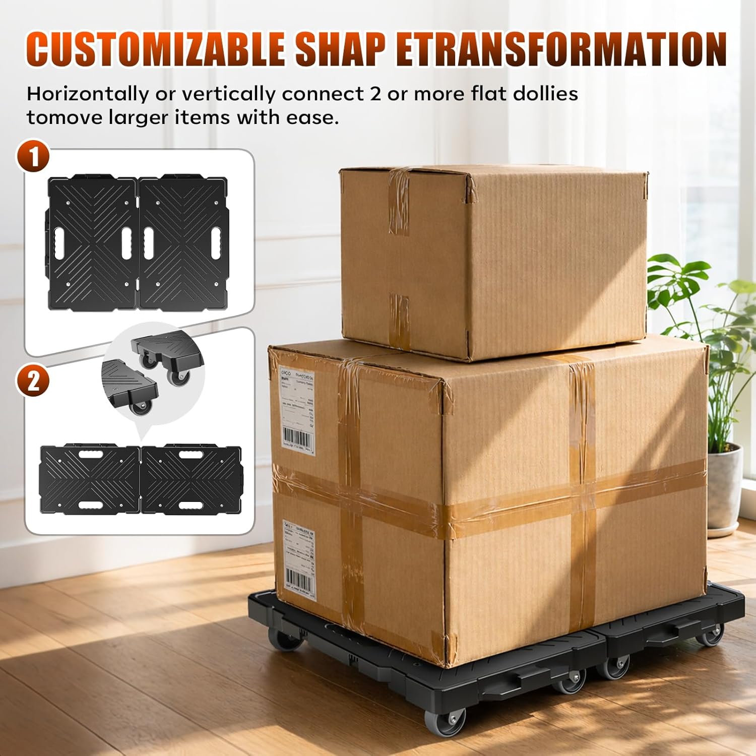 Condition photo showing New/Like New for kavlium 2 pack furniture dolly, 16.9"x11.7" heavy duty moving dolly with 4 wheels, non-slip textured surface for moving boxes appliances, max load 500 lbs, black