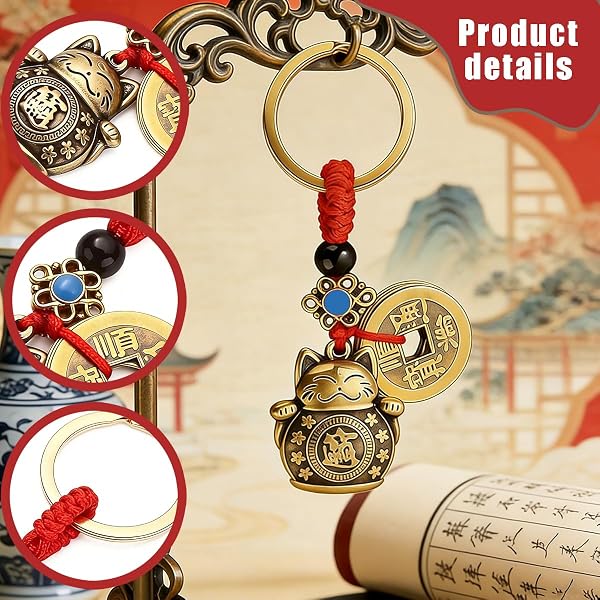 Porte Clés Maneki Neko Porte,Bonheur Japonais,Chat Porte Bonheur avec Feng Shui,Portes Clef Chat Chance pour Nouvel an Chinois,Lucky Charms Tai Sui Key Ring,avec Cinq Empereurs Argent - 3