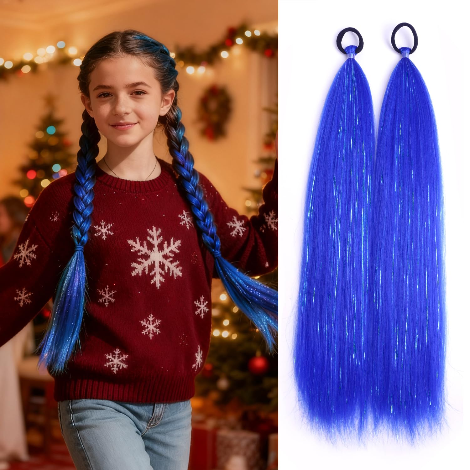 Photo 1 of 2 Pieces Blue Colored Hair Extensions Tinsel Mixed Ponytail Extension Crazy Hair Day Accessories for Women,DIY Festival Braided Ponytail Hair (Blue, 20 Inches)
