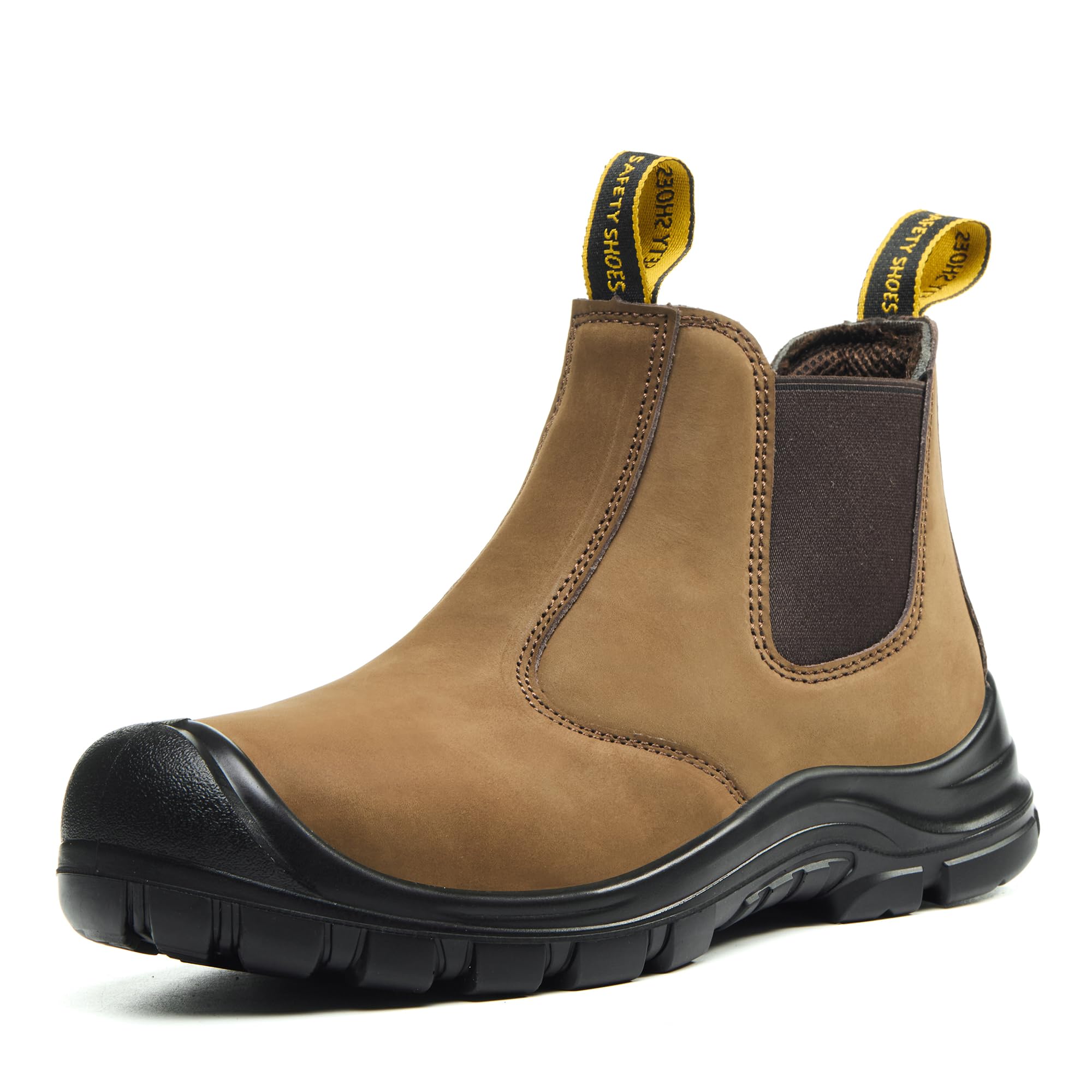 Mens Steel Toe Work Boots Chelsea Safety Boots Leather Slip on Waterproof Lightweight Working Boots