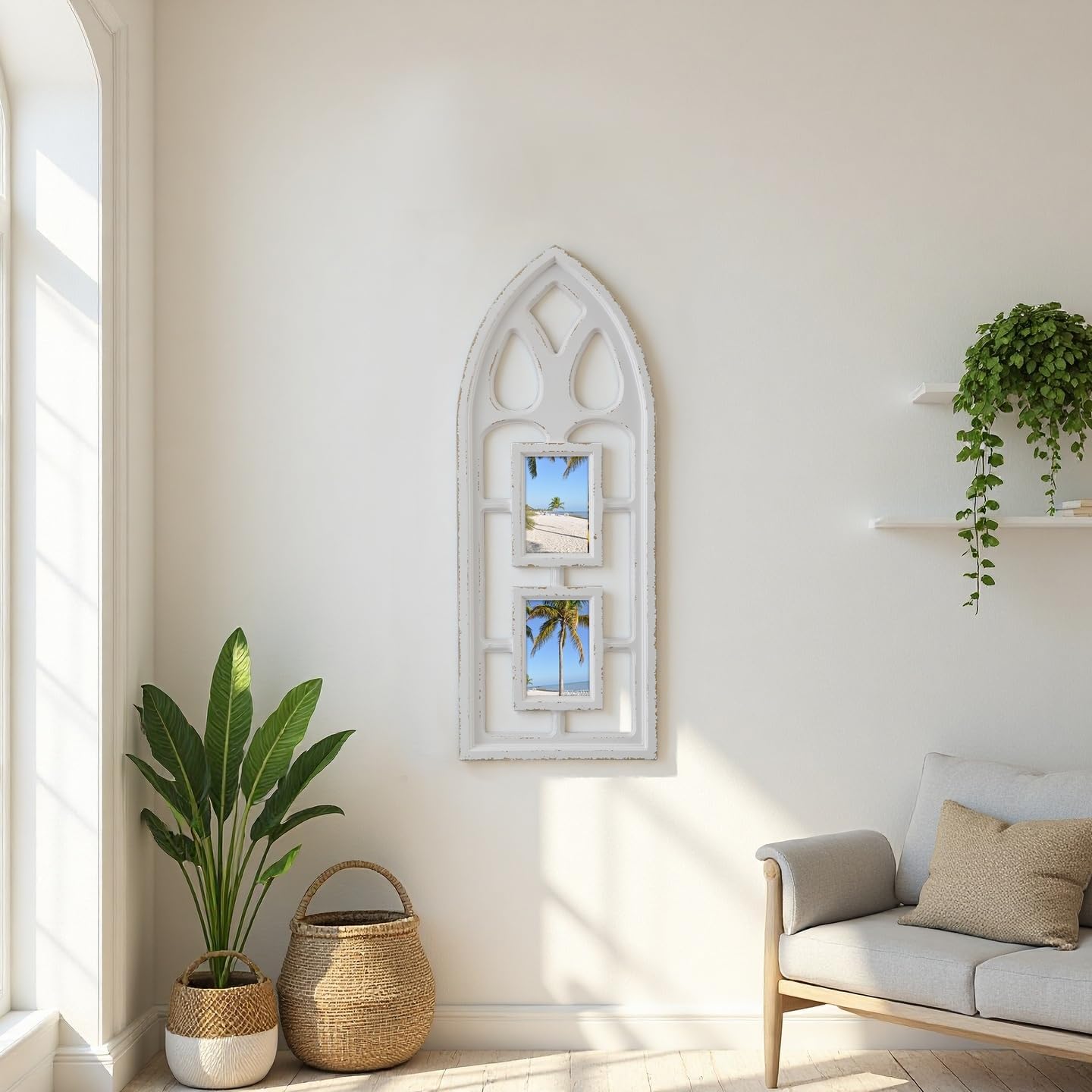 Sintosin Rustic Arched Window Frame Wall Decor with 4x6 Picture Frames 31 X 12 Inch, Hanging Handmade Distressed White Farmhouse Window Frame, Wood Wall Decor for Living Room Bedroom Hallway
