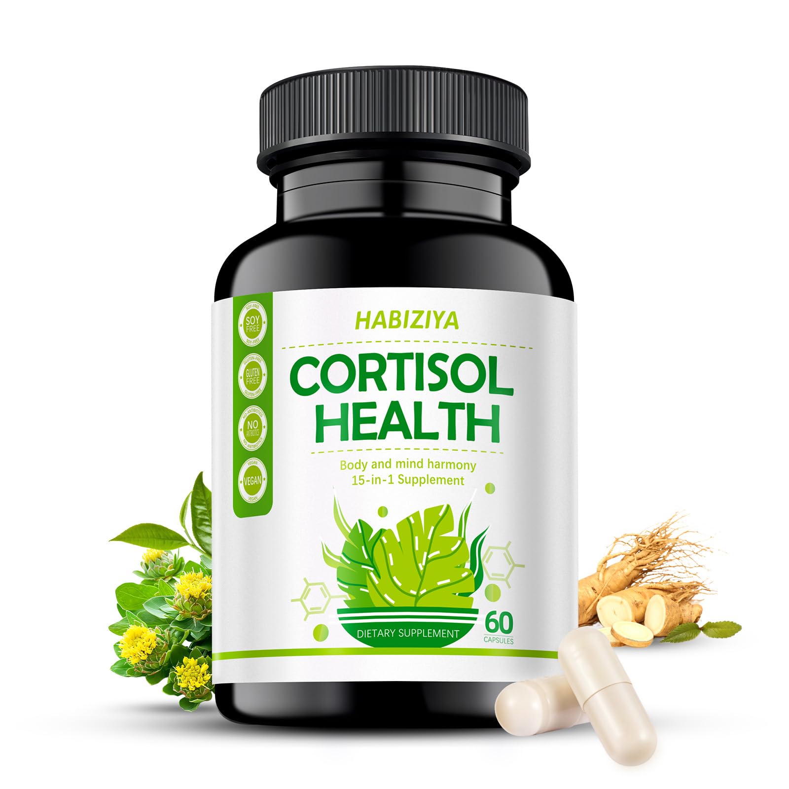 HABIZIYA Suplemento alimentar com magnésio glicinato, L-teanina, ashwagandha, fosfatidilserina e rhodiola rosea, 60 cápsulas