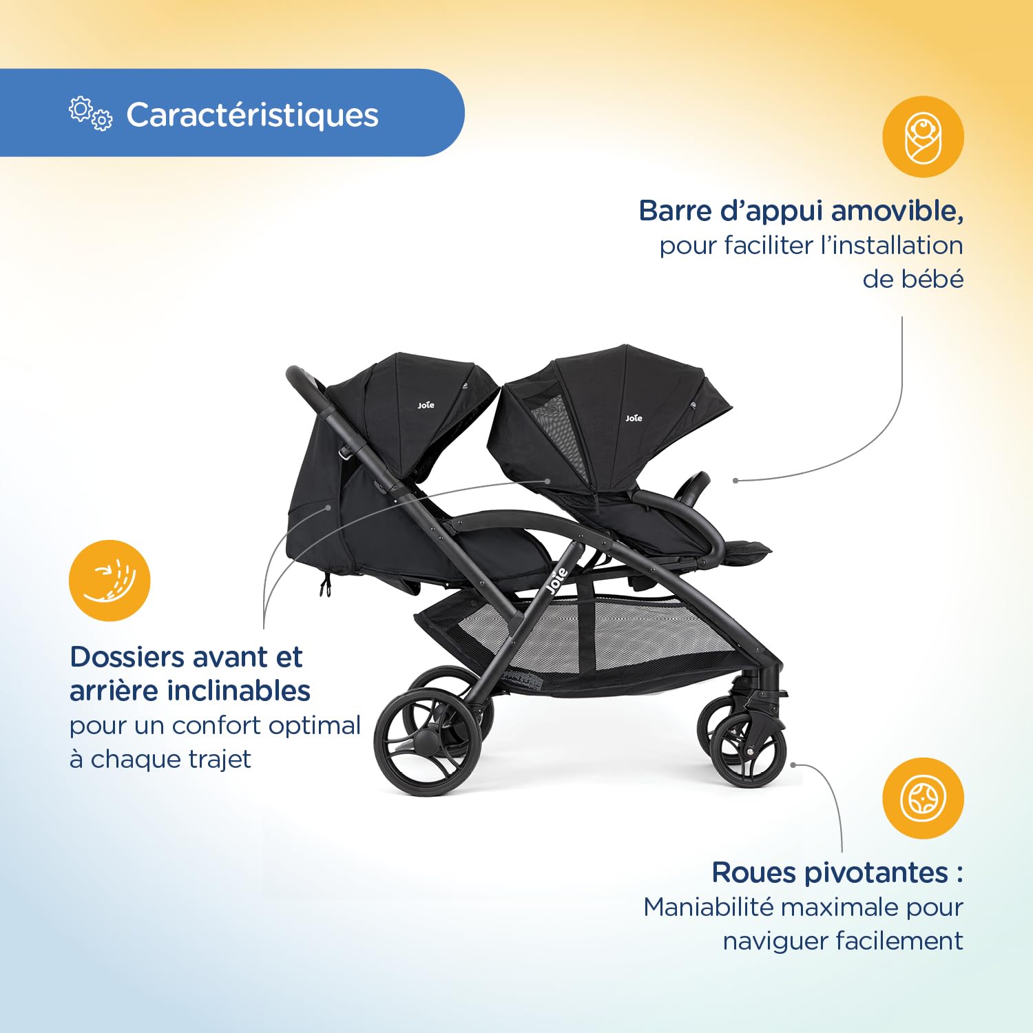 Joie – EVALITE DUO – Poussette Double Légère – Naissance à 15 kg – Pliage Compact 1 Main – Compatible Coque Siège Arrière – Ultra Légère 10,5 kg – Grand Panier – Habillage pluie inclus – Coloris Shale