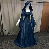 Vista 5 de Vestido gótico para mujer con capucha medieval, traje con corsé, renacentista, vestido victoriano Disfraz de feria renacentista azul para mujer