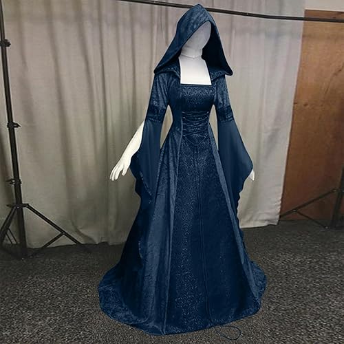 Miniatura 5 de Vestido gótico para mujer con capucha medieval, traje con corsé, renacentista, vestido victoriano Disfraz de feria renacentista azul para mujer