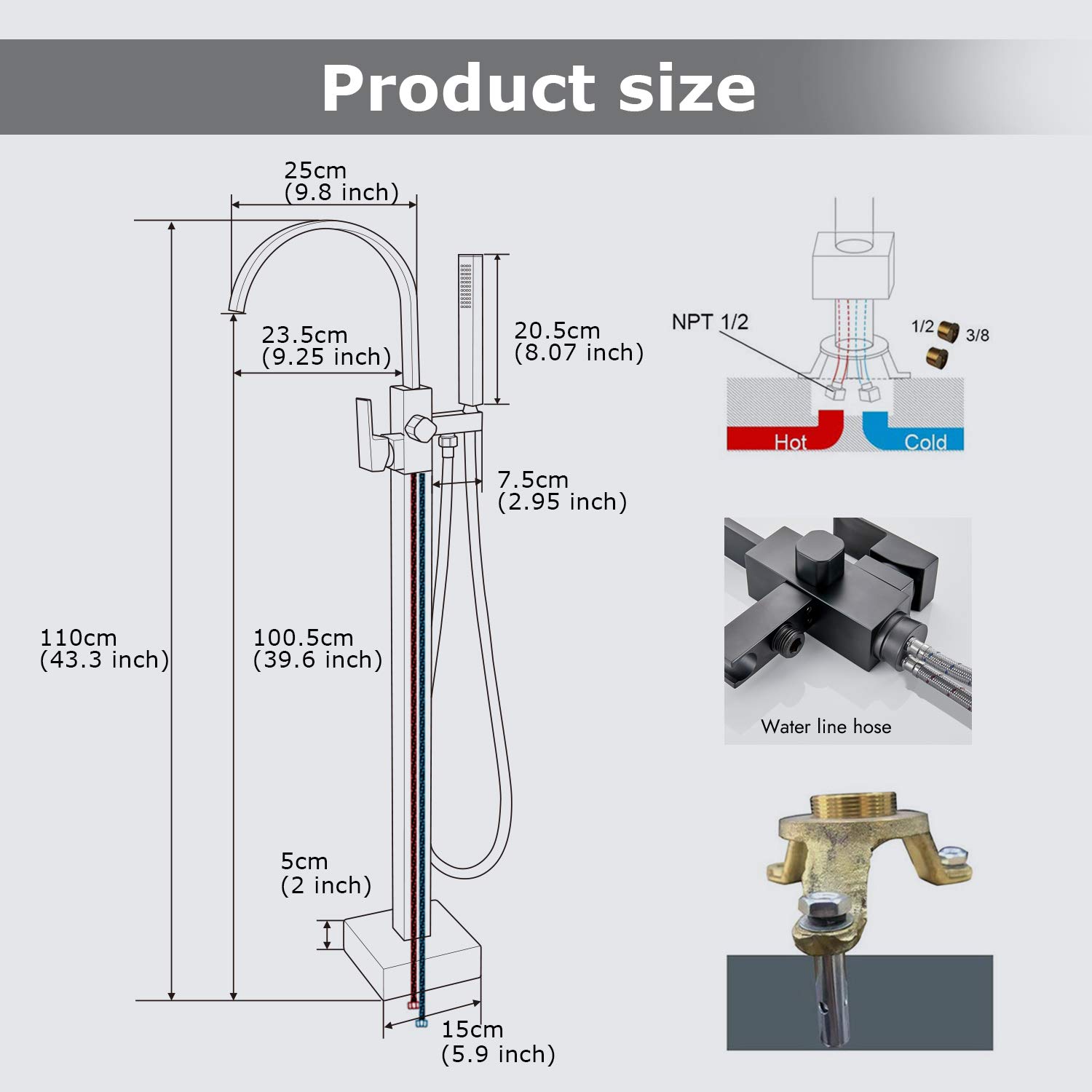 Aolemi Matte Black Freestanding Tub Filler Bathtub Faucet Floor Mounted