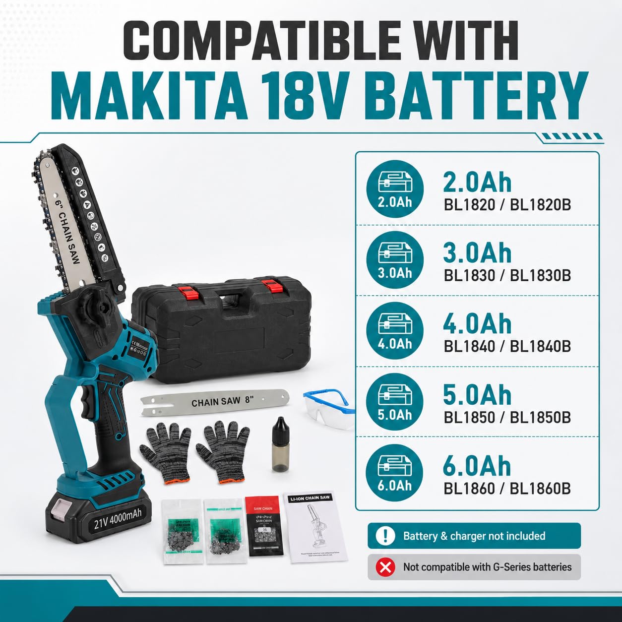 Mini motosierra con batería de 18 V con barra telescópica de 6/8 pulgadas | Motor sin escobillas, espada de 6/8 pulgadas, compatible con 18 V, telescopio de 1,37 a 2,44 m, rotación de 180 grados