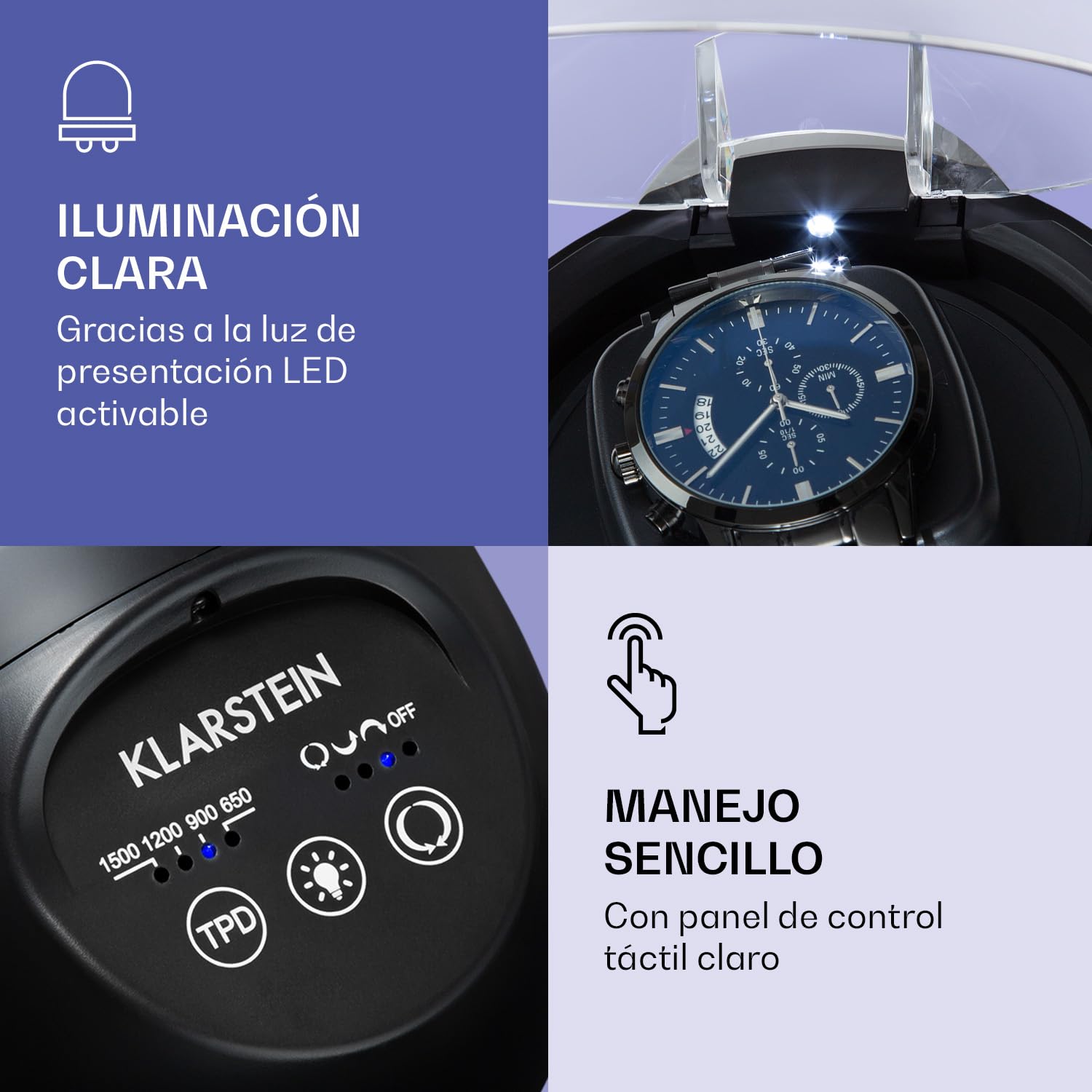 KLARSTEIN St. Gallen ll - Estuche para Relojes Giratorio, Rotación Ajustable, 4 programas: 650/900 / 1200/1500 TPD, Iluminación LED, Panel de Control táctil