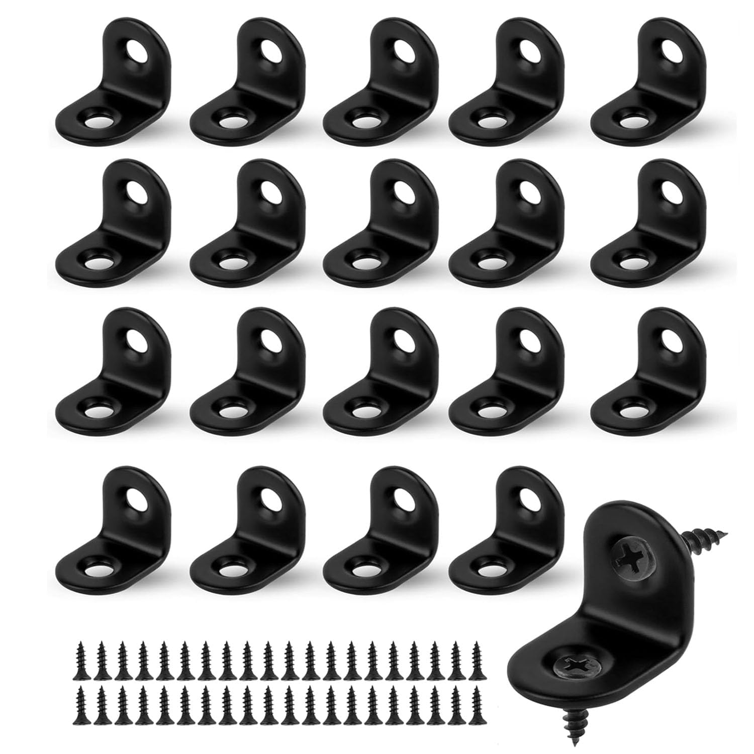 20pcs L Brackets, Stainless Steel Corner Brackets with 40 Screws, Metal Angle Bracket for Wood Shelf, Furniture, Cabinet, Desk(20*20*16mm, Black)