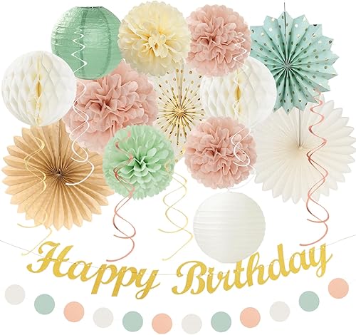 Decoraciones de fiesta de cumpleaños color verde salvia, rosa y beige, 21 unidades, pancarta feliz, faroles de papel rosa polvoriento, pompones,
