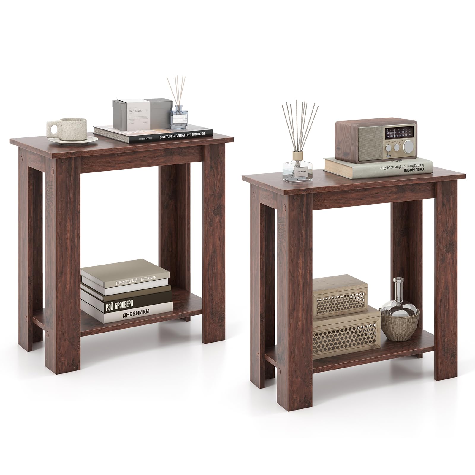 Giantex Narrow End Table Set of 2, 2-Tier Side Table with Open Storage Shelf, Retro Wood Sofa Table Bedside Tables for Small Spaces, Slim Nightstand