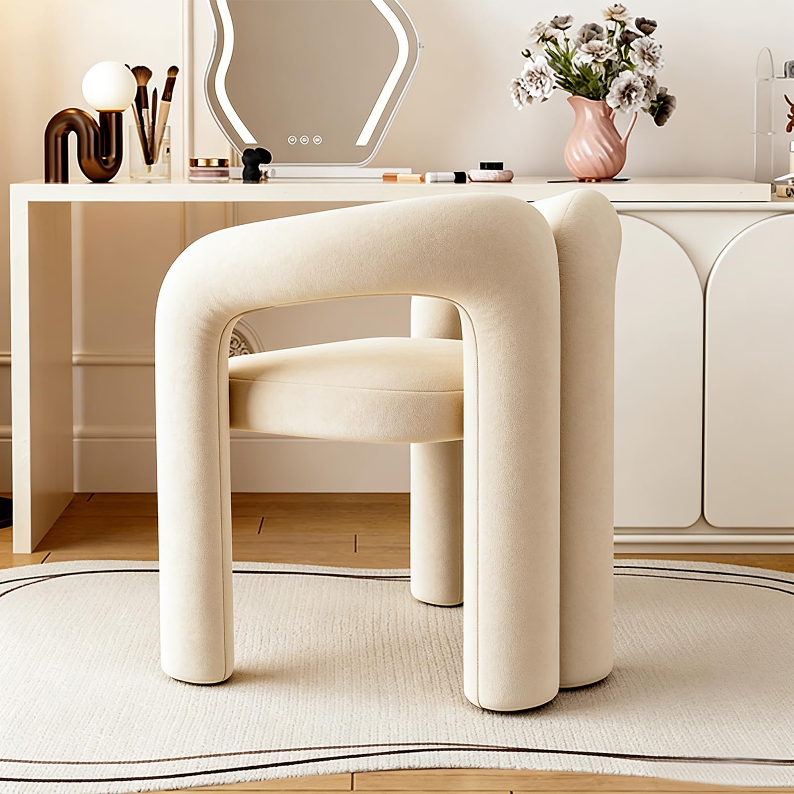 Esszimmerstuhl Samt, Moderner Armlehnstuhl mit gepolsterter (Beige) | Sitzfläche und Metallrahmen, Schminkstuhl, Polsterstuhl bis 100 kg für Esszimmer, Wohnzimmer, Schlafzimmer und Büro