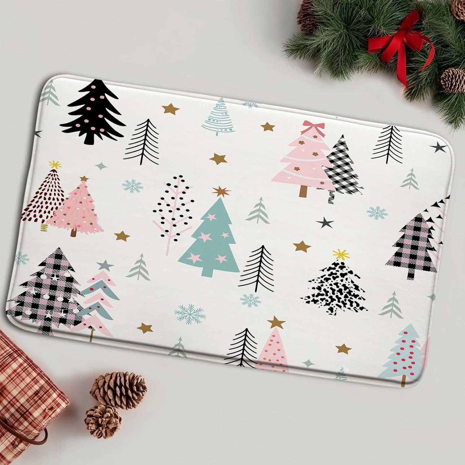 Christmas Tree Bath Mat Xmas Pine Tree Snowflake Winter Holiday Colorful Modern Farmhouse New Year Microfiber Memory Foam