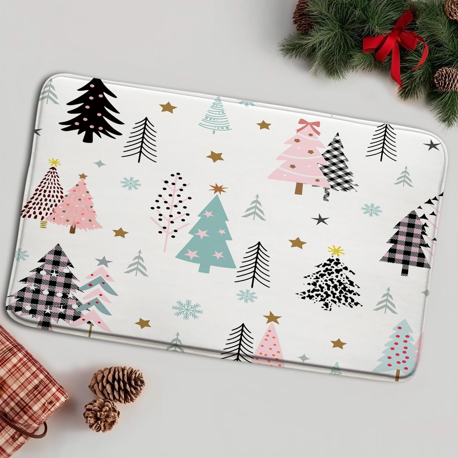 Christmas Tree Bath Mat Xmas Pine Tree Snowflake Winter Holiday Colorful Modern Farmhouse New Year Microfiber Memory Foam