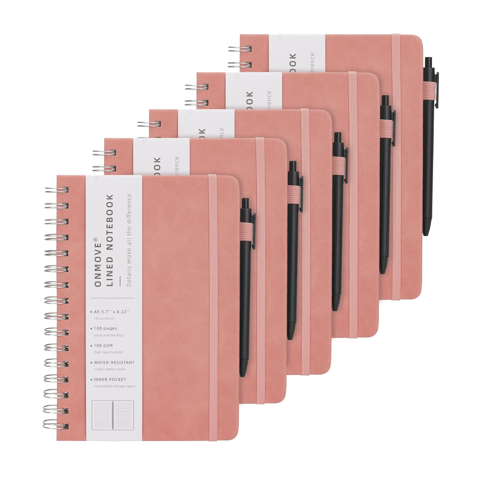 OnMove Spiral Notebooks Journal for Women Men 5 Pack Bulk Leather Hardcover with Pen Holder A5 160 Pages 100 GSM Thick Paper for Work School (Pink)