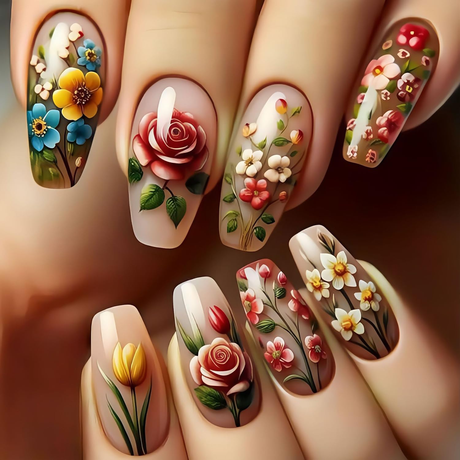 24Pcs Colorful Flower Press on Nails Medium Coffin Fake Nails Spring Full Cover Acrylic Nails Brown False Nails with Floral Designs Glossy Glue on