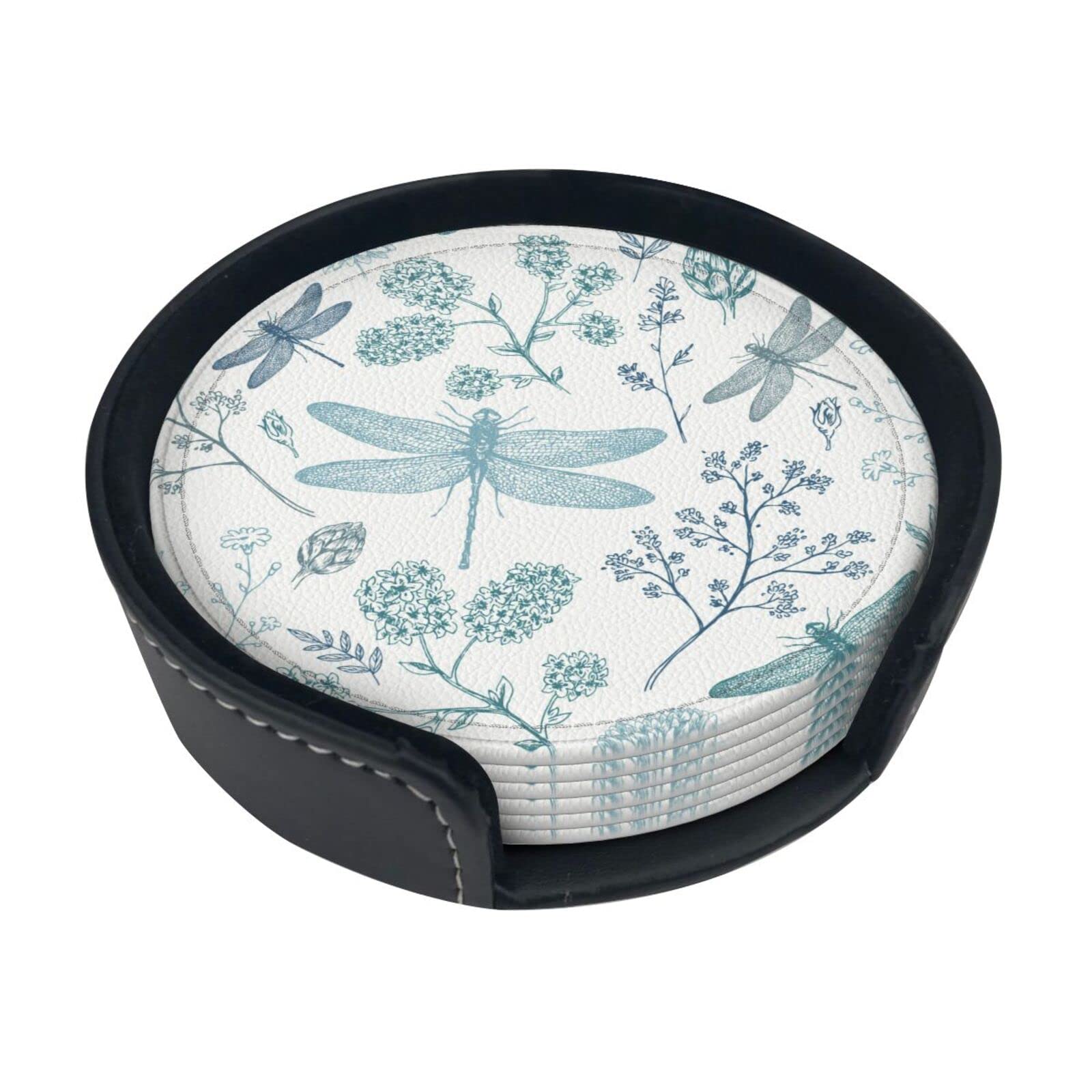 Coasters Set Of 6 Dragonfly Print Leather Coasters For Drinks,Home Décor And Housewarming Gift