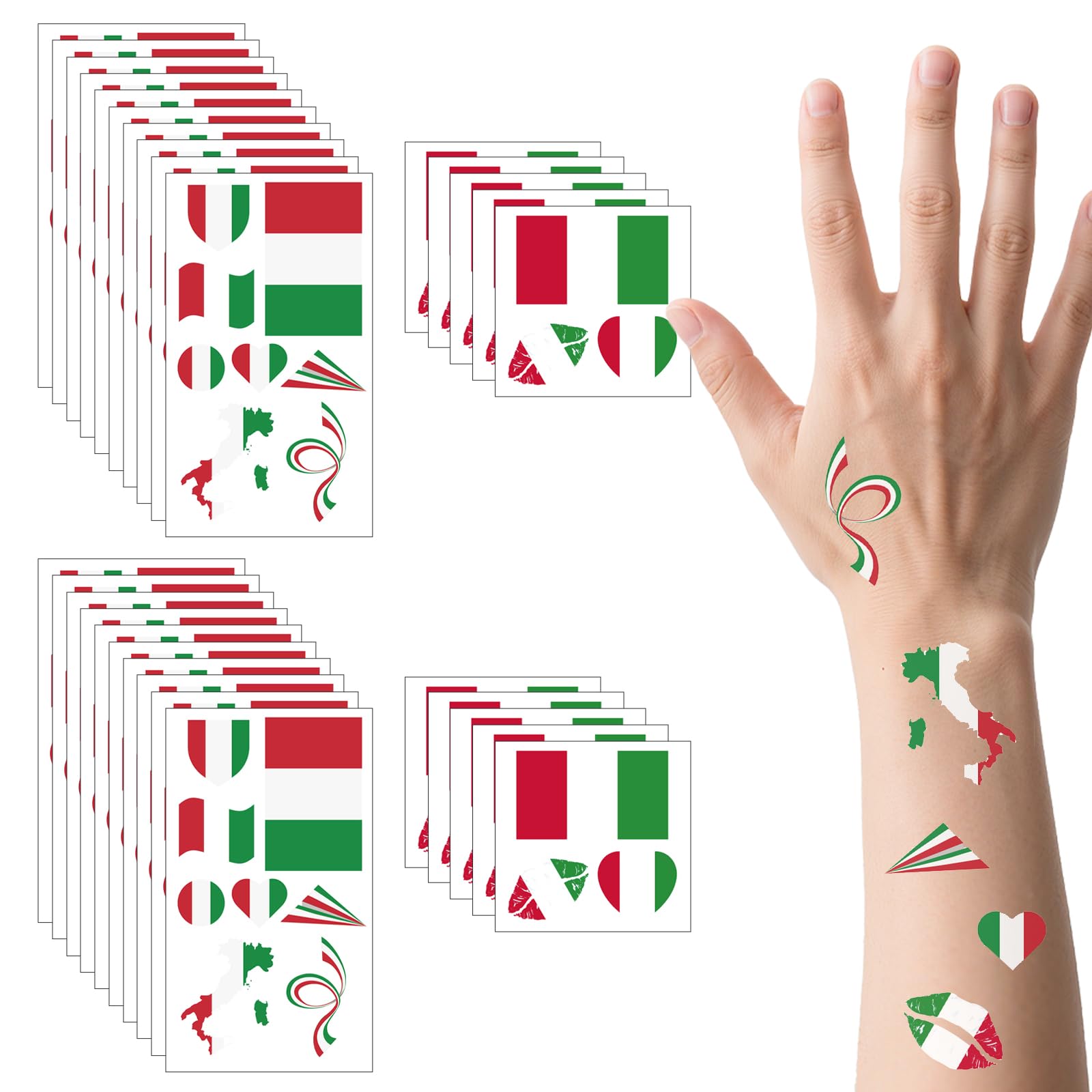 190 Stück (30 Blätter) italienische Flaggen-Tattoos VEINARDYL Wasserfeste temporäre Tattoos mit italienischer Flagge Abnehmbare Gesichtstattoos mit Sportflagge für Männer und Frauen