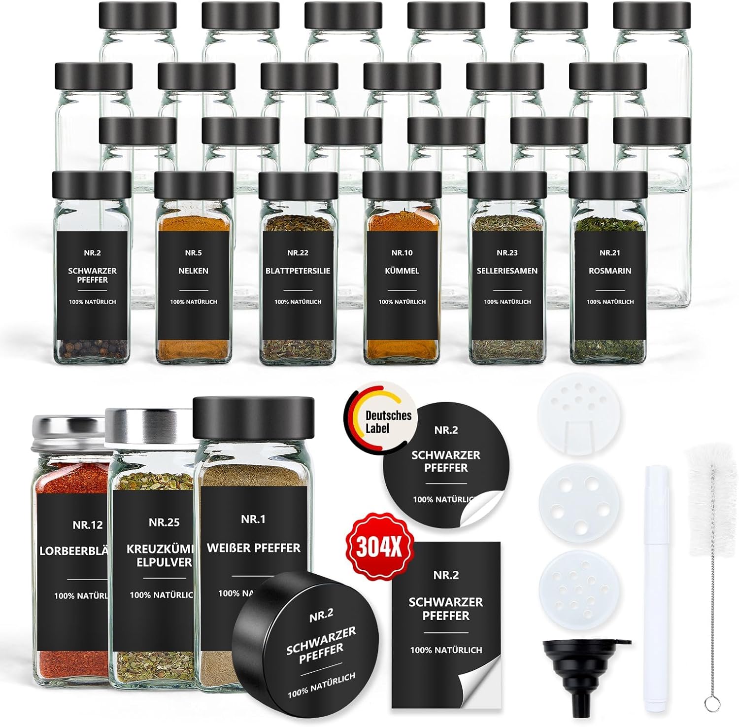 Gewürzgläser Eckig mit Etiketten Set 24er: Kleine Gewürzdosen Glas 120ml mit Streueinsatz Wasserfeste Labels - Aufbewahrung von Gewürzaufbewahrung für die Küche Schublade - Gewürzstreuer Schwarz