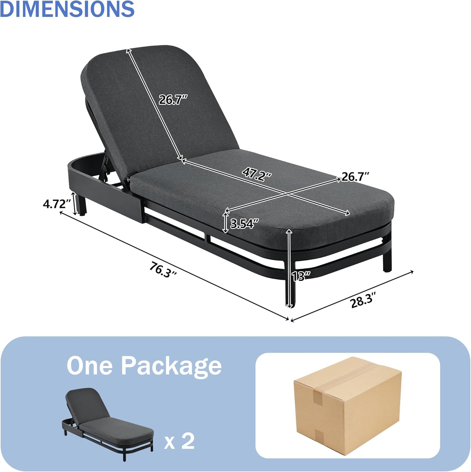 Outdoor Chaise Lounge Chairs Set of 2, Modern Aluminum Patio Reclining Loungers with Cushions, 5-Position Adjustable Backrest, UV & Water Resistant Poolside Sunbeds for Garden, Deck, Balcony, Gray