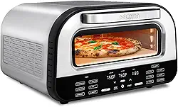 Gourmia Torradeira de ar fritadeira de forno de pizza interna – Multipanela de bancada de 1800W com pedra de pizza, controles digitais e 6 predefinições, aço inoxidável