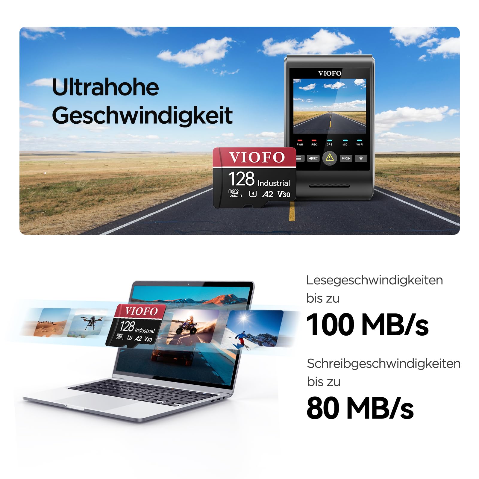 VIOFO 128GB SD Karte MLC V30 U3 hohe Geschwindigkeit Adapter für 4K Dashcam