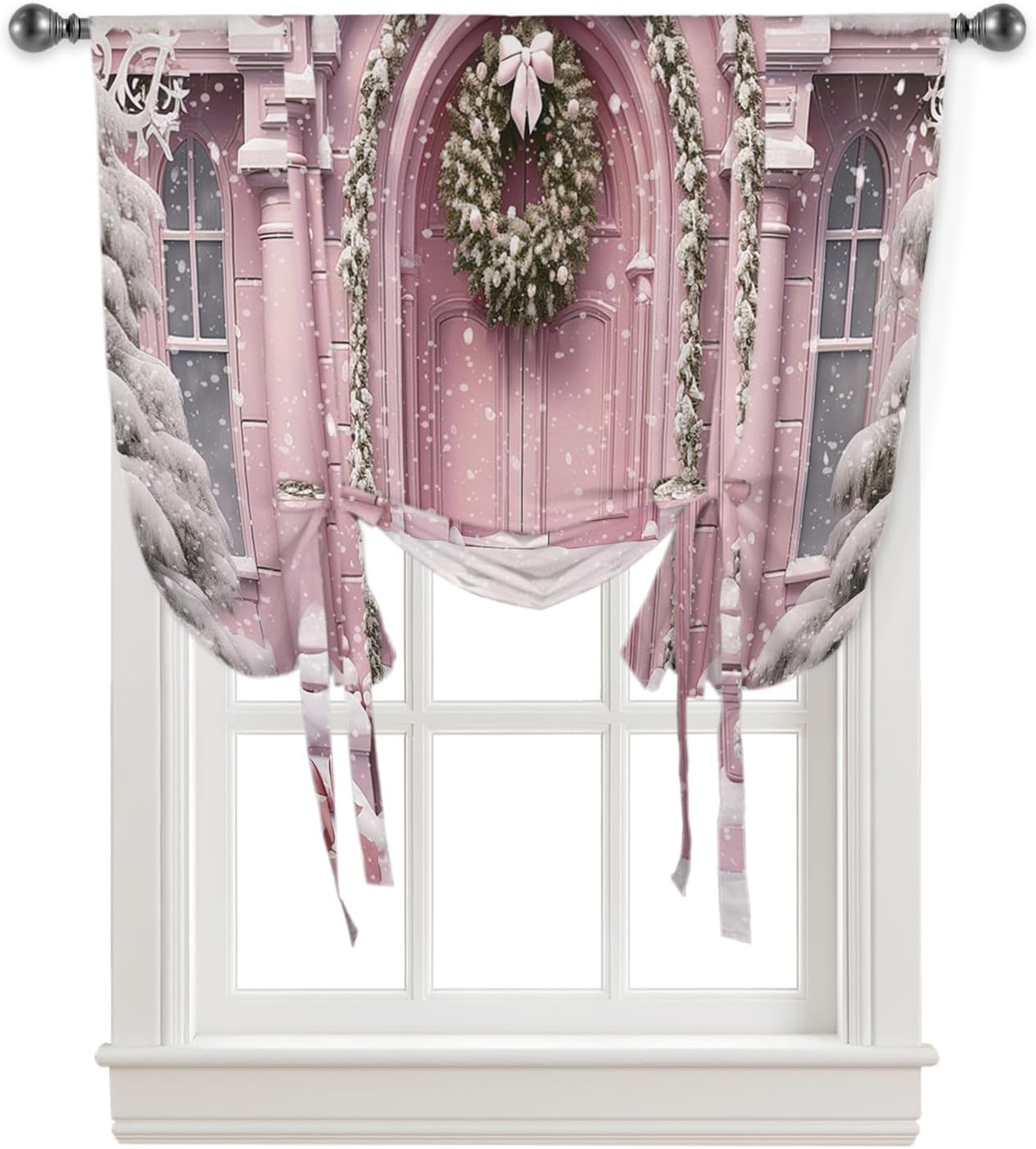 Yukro Tie Up Curtains Window Shades, Christmas Pink Castle Gate Xmas Wreath Rod Pocket Tie Up Window Shade, Adjustable Balloon Curtain Shade for Blinds Kitchen Bathroom, 1 Panel, 52"x63"