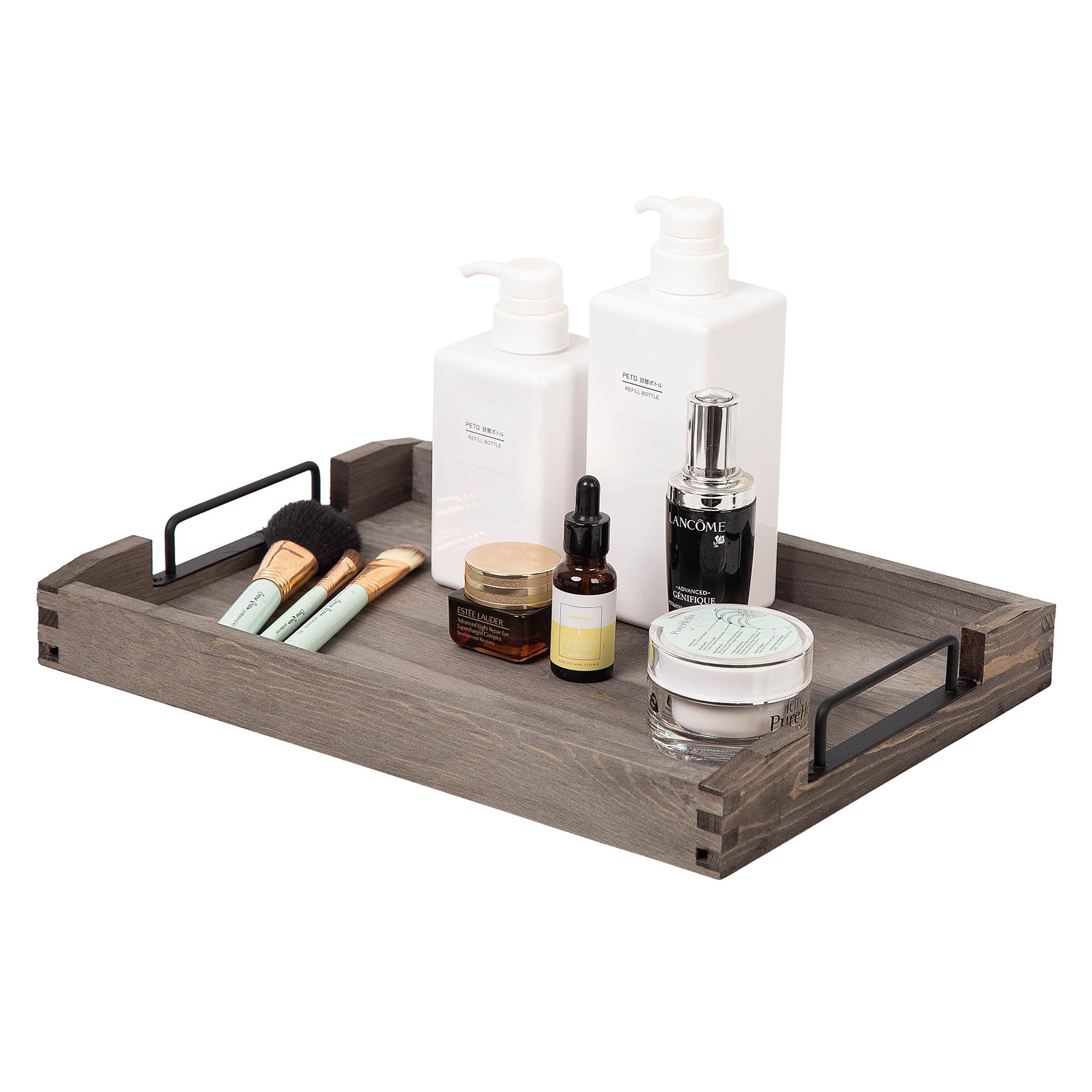 VERGOODR Country Rustic Torched Wood Nesting Breakfast Serving Trays with Handles, Set of 3 (Dark Grey)