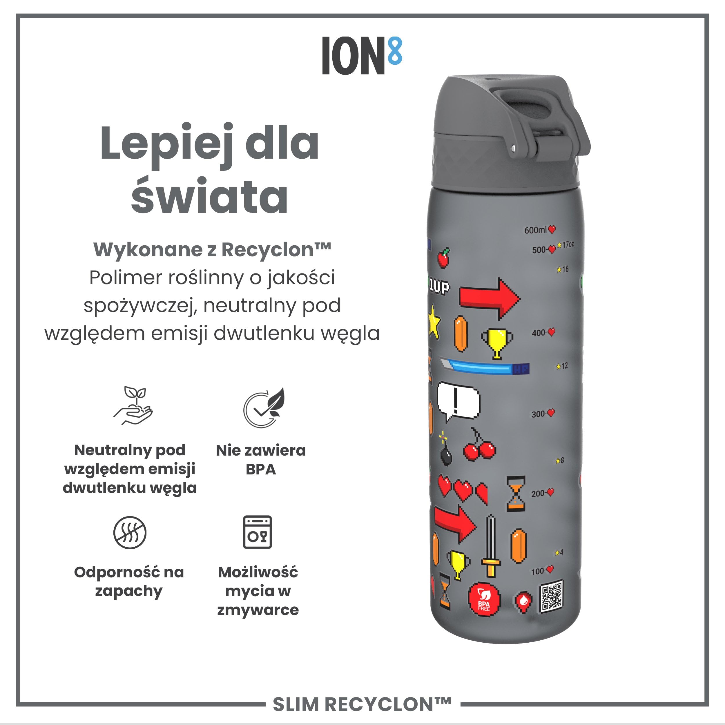 ION8 Butelka na Wodę, 500 ml/18 oz, Szczelna, Łatwe Otwieranie, Bezpieczny Zamek, Można Myć w Zmywarce, Bez BPA, Higieniczne Pokrycie, Uchwyt do Przenoszenia, Łatwa Czyszczenie, Bezwonny, Gracz